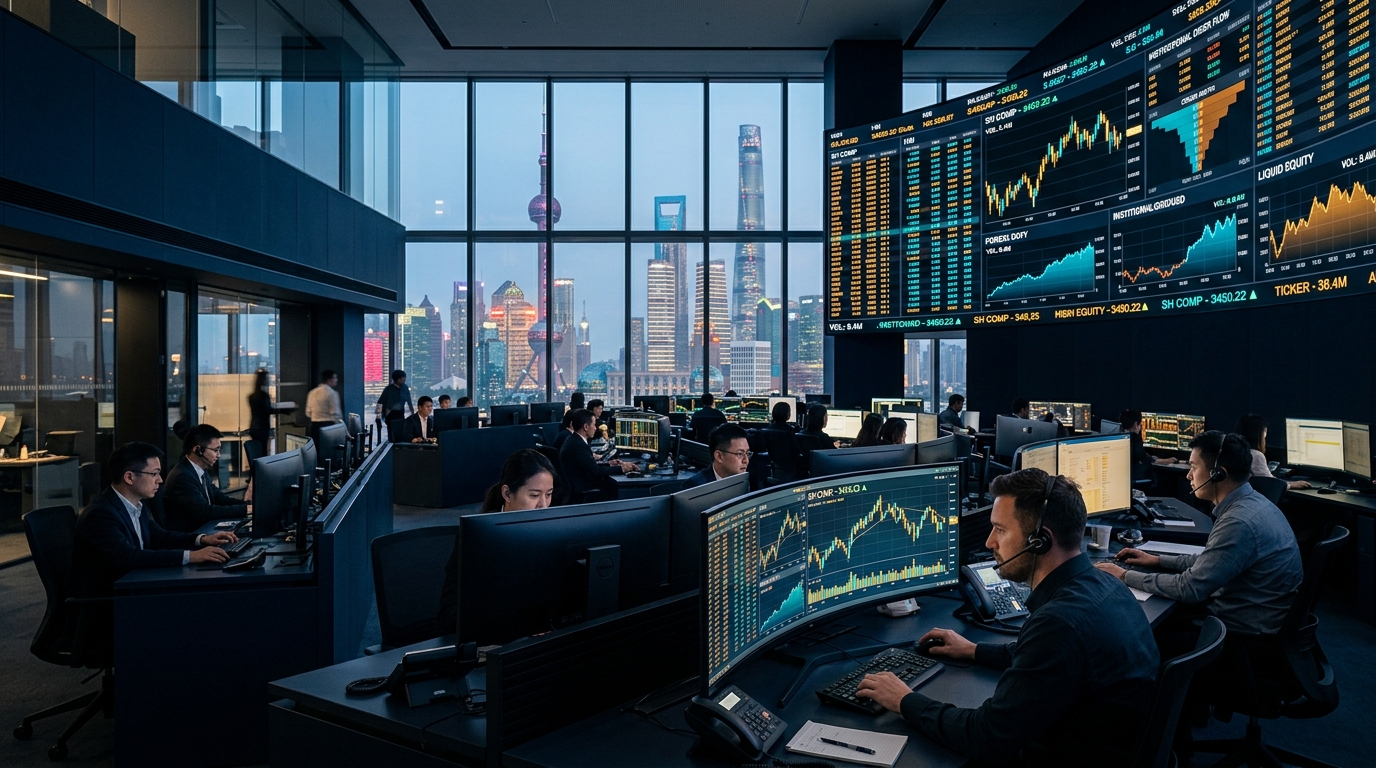 Institutional trading floor monitoring sovereign state equity inflows in Shanghai